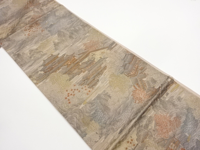 JAPANESE FUKURO OBI / HAND PAINTED / SCENERY OF TEMPLE
